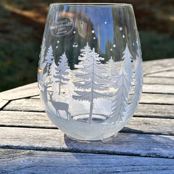 Christmas Tree & Reindeer Stemless Wine Glass 5” Frosted Winter Forest NEW - Picture 7 of 11